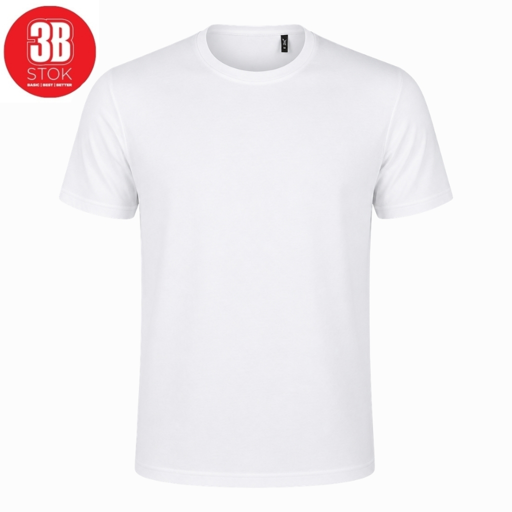 White crew-neck t-shirt on a white background; plain basic tee with a small red circular 3B STOК badge in the top-left corner.