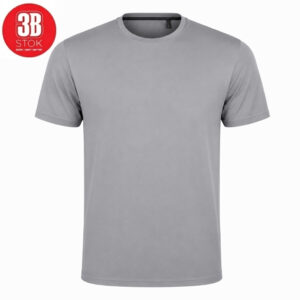 Grey short-sleeve crew-neck T-shirt on a white background; plain front with no design, with a red circular 3B Stok logo in the upper left corner