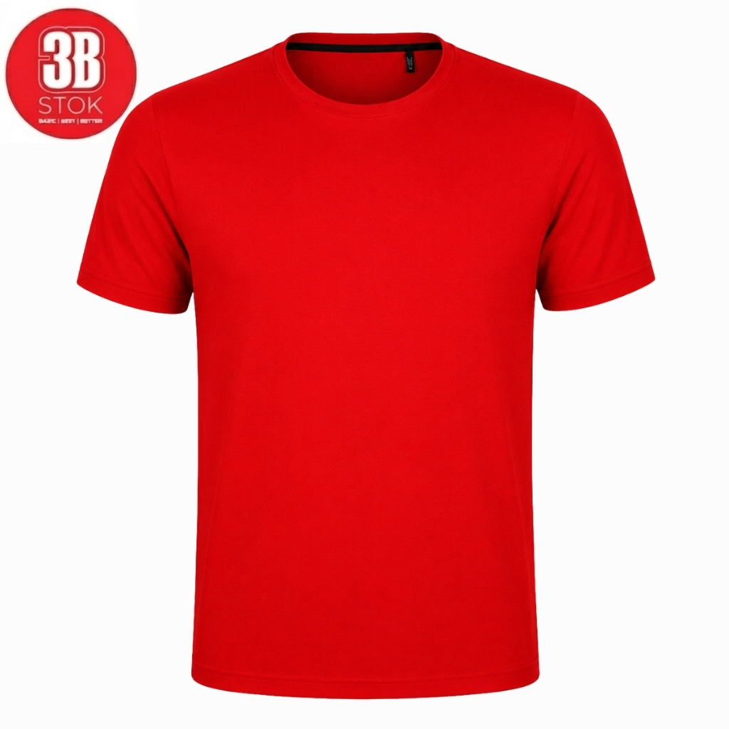 Bright red crew-neck t-shirt on a white background with a small circular 3B Stock logo in the upper-left corner.