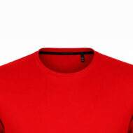 Close-up of a bright red crew-neck T-shirt showing the collar and upper chest area.