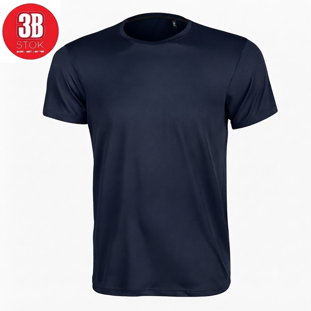 Navy blue short-sleeve T-shirt on a white background with a red 3B Stok logo in the top-left corner