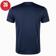 Navy blue short-sleeve T-shirt shown from the back with a round neck and a red circular watermark/logo in the top-left corner.