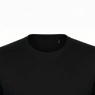 Close-up of a black crew-neck T-shirt neckline against a white background
