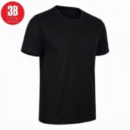 Plain black crew-neck T-shirt on a white background, with a small red 3B Stok logo in the top-left corner