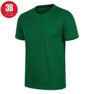 Plain green short-sleeve crew-neck t-shirt on a white background, with a red circular logo badge in the top-left corner.