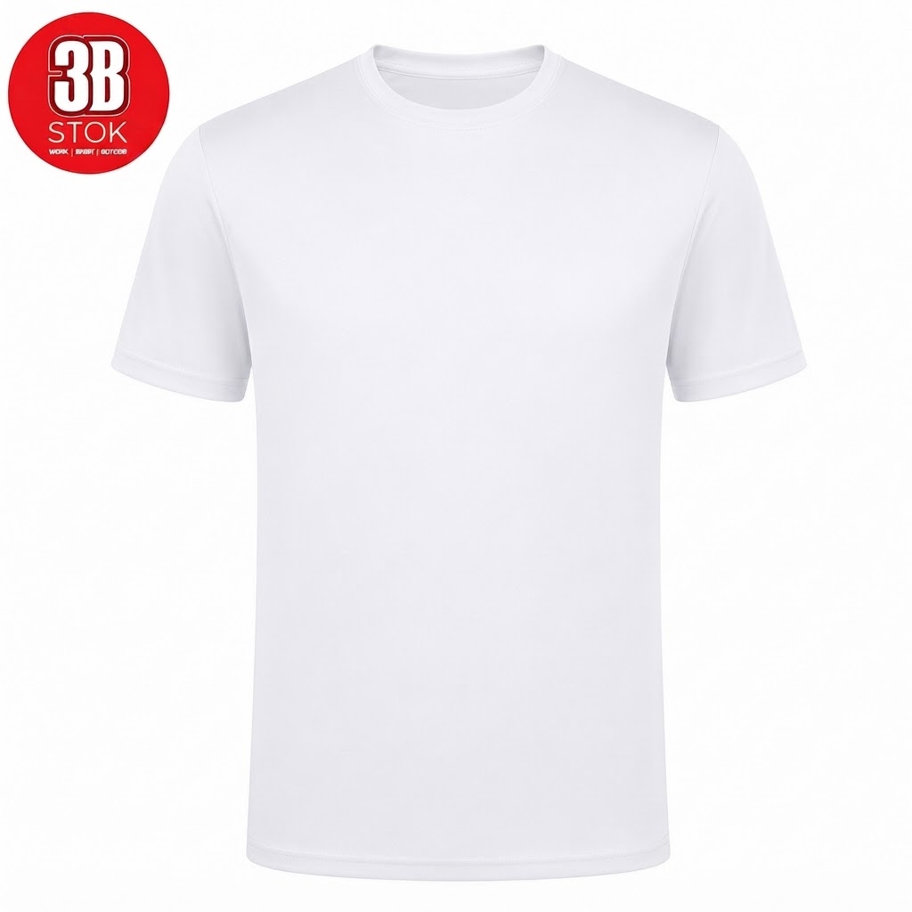 White short-sleeve crew-neck T-shirt with a red circular logo in the top-left corner.