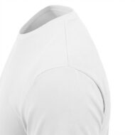 Close-up of a white T-shirt shoulder and sleeve seam, showing soft knit fabric and stitching.