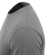 Close-up of gray athletic shirt neckline and shoulder seam with black inner collar edge visible.