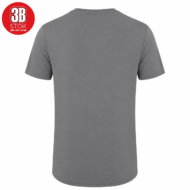 Back view of a plain gray short-sleeve T-shirt with a red circular 3B STOk logo in the top-left corner