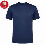 Navy blue crew-neck T-shirt with short sleeves on white background; red circular 3B STOK logo in the top-left corner.