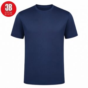 Navy blue crew-neck T-shirt with short sleeves on white background; red circular 3B STOK logo in the top-left corner.
