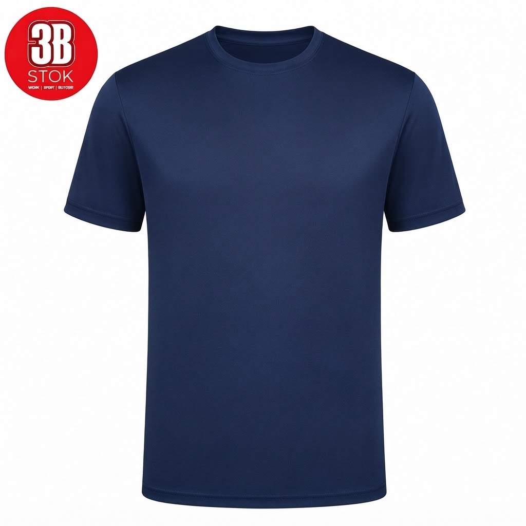 3B SOFT-TECH T-SHIRT LACİVERT (1) Navy blue crew-neck T-shirt with short sleeves on white background; red circular 3B STOK logo in the top-left corner.