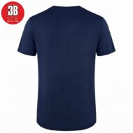 Back view of a navy blue short-sleeve T-shirt with a curved hem and a small red 3B logo in the top-left corner.