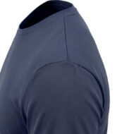 Close-up of a blue T-shirt showing the shoulder seam and round neckline edge? (Note: ensure concise)