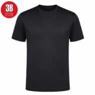 Plain black short-sleeve T-shirt on a white background with a red circular 3B STOk logo in the top-left corner