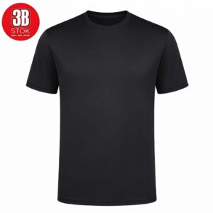 Plain black short-sleeve T-shirt on a white background with a red circular 3B STOk logo in the top-left corner
