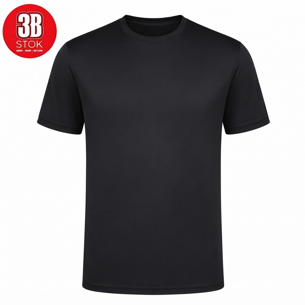 3B SOFT-TECH T-SHIRT SİYAH (1) Plain black short-sleeve T-shirt on a white background with a red circular 3B STOk logo in the top-left corner