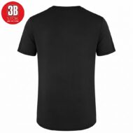 Back view of a solid black T-shirt with a curved hem and short sleeves.