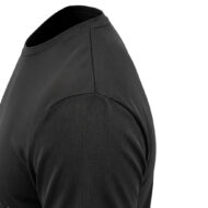 Close-up of a black crew-neck T-shirt showing the shoulder seam and upper sleeve.