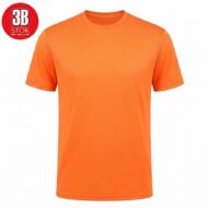 Bright orange short-sleeve T-shirt with a plain front and a round neckline; small red circular logo in the top-left corner edge of the image may indicate branding.