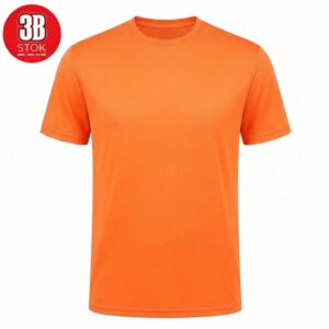 Bright orange short-sleeve T-shirt with a plain front and a round neckline; small red circular logo in the top-left corner edge of the image may indicate branding.