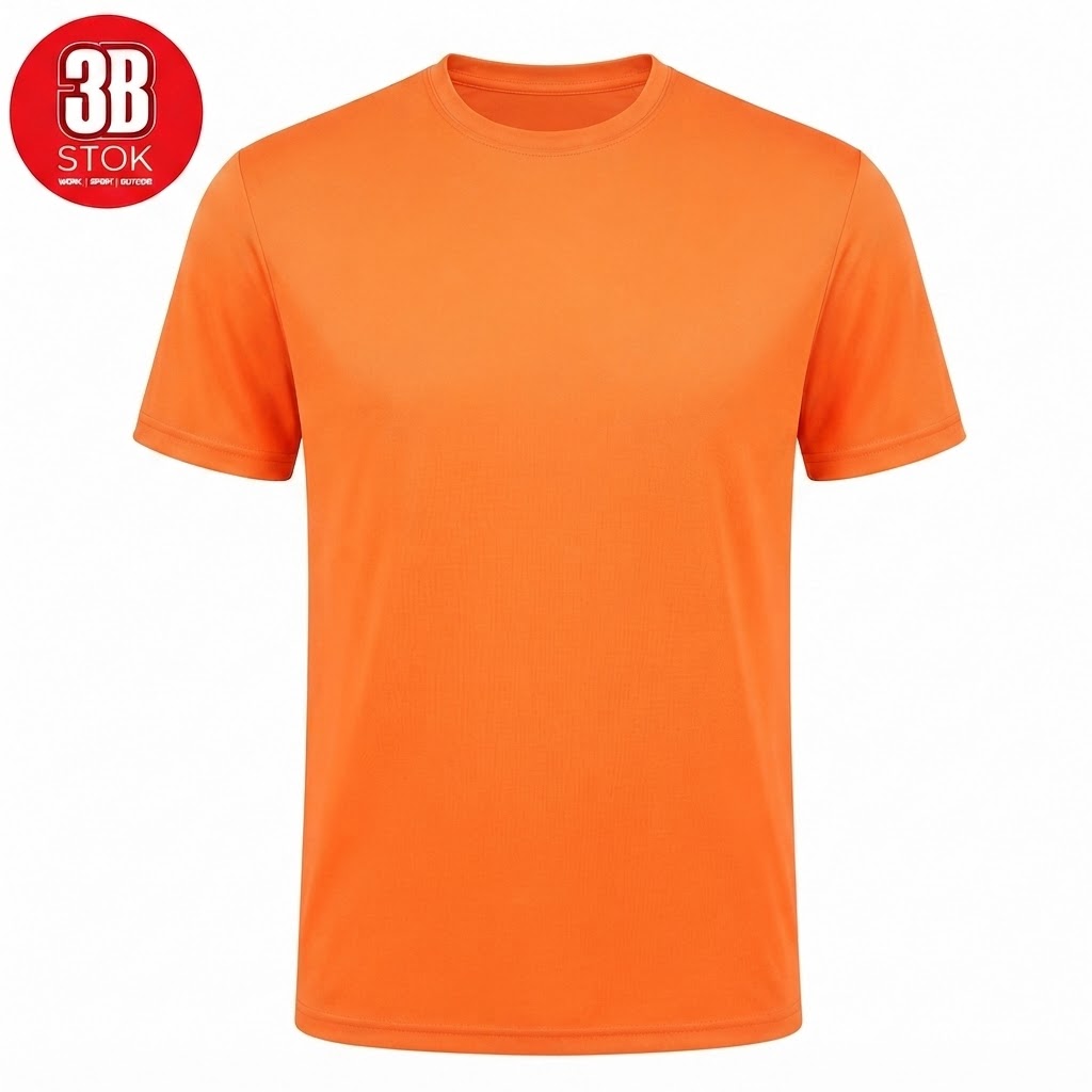 Bright orange short-sleeve T-shirt with a plain front and a round neckline; small red circular logo in the top-left corner edge of the image may indicate branding.
