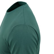 Teal green crew-neck T-shirt shown from the side, focusing on the shoulder seam and fabric texture.