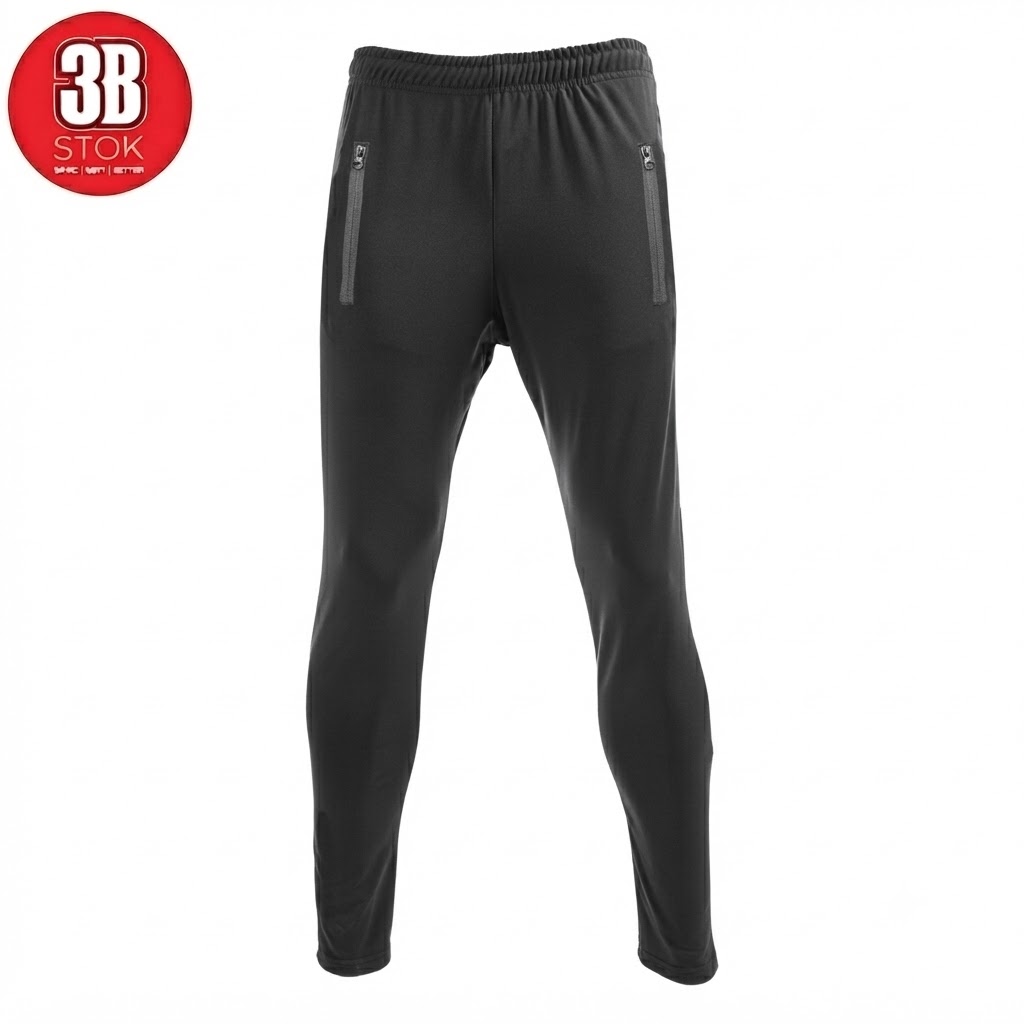 Black athletic jogger pants with zippered pockets and elastic waist.