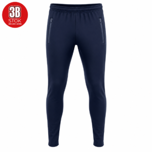Navy athletic joggers with elastic waistband and zippered side pockets.