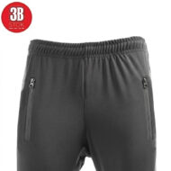 Back view of black athletic shorts with an elastic waistband and vertical zip pockets at the hips.