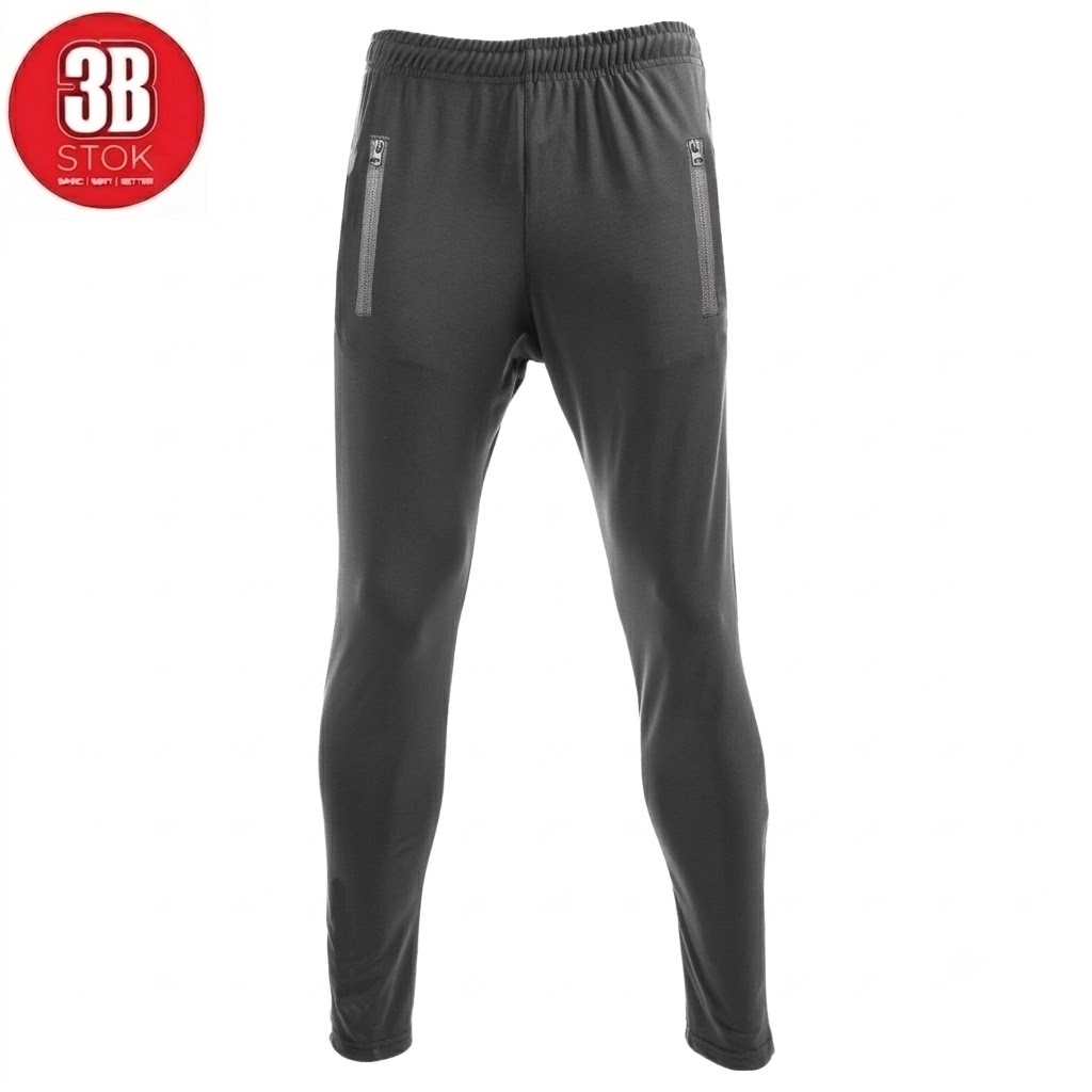 Black athletic joggers with an elastic waistband and zippered side pockets on a white background, showing a tapered fit.