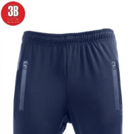 Navy blue jogger pants with elastic waistband and two vertical zippered pockets on the front sides (athletic pants).