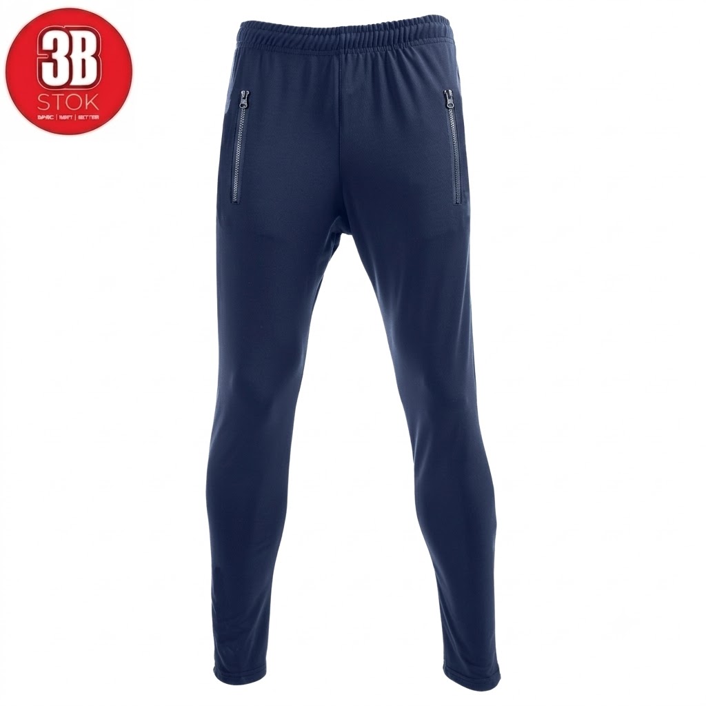 Navy blue athletic pants with elastic waistband and zippered side pockets, full length.