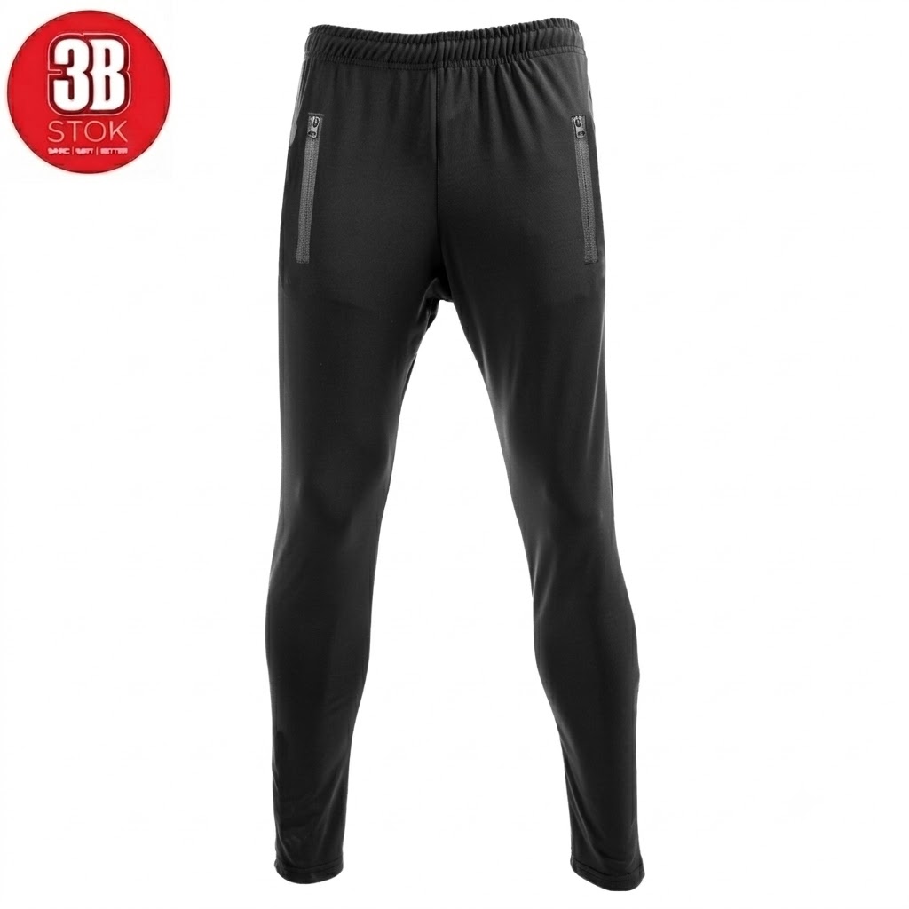Black athletic jogger pants with elastic waist and zippered side pockets.