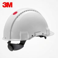 White safety hard hat with a red 3M logo and black adjustable chin strap, shown from the side with ventilation slots on top.