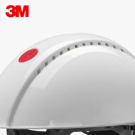Close-up of a white safety helmet with a red button/vent and the 3M logo in the top-left corner