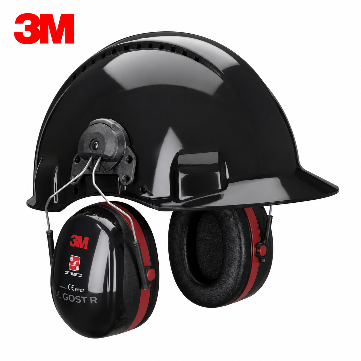 Black hard hat with integrated over-ear hearing protection (3M Optime III) in a side view