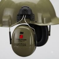 Olive hard hat with attached Peltor Optime hearing protection earmuffs (3M).