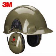 Olive green hard hat with attached Peltor earmuff hearing protection and a 3M logo in the corner.