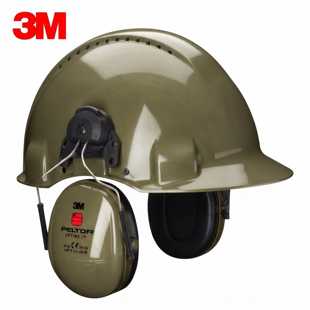 Olive green hard hat with attached Peltor earmuff hearing protection and a 3M logo in the corner.