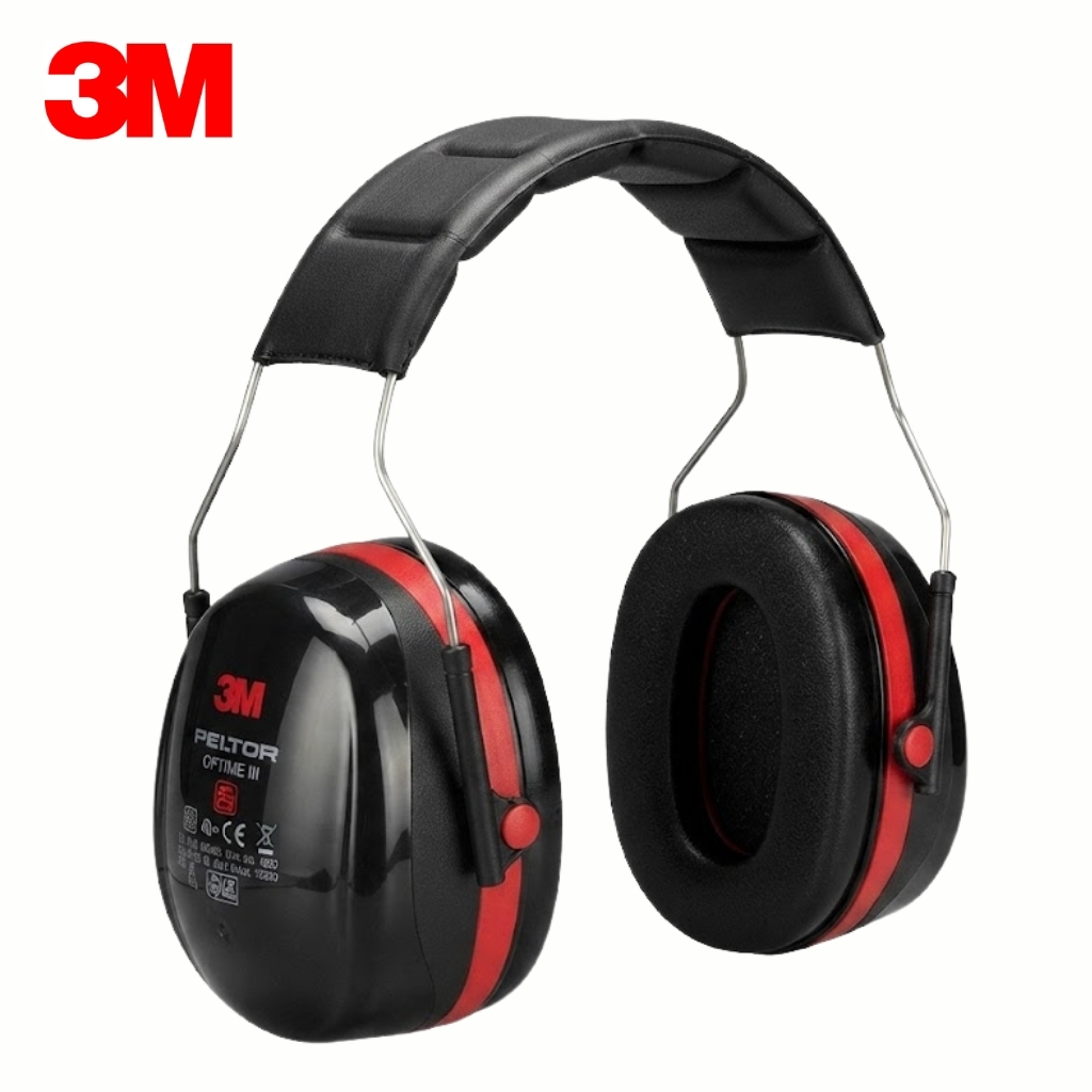 Protective over-ear hearing protection earmuffs (red and black) with adjustable headband, branded 3M.