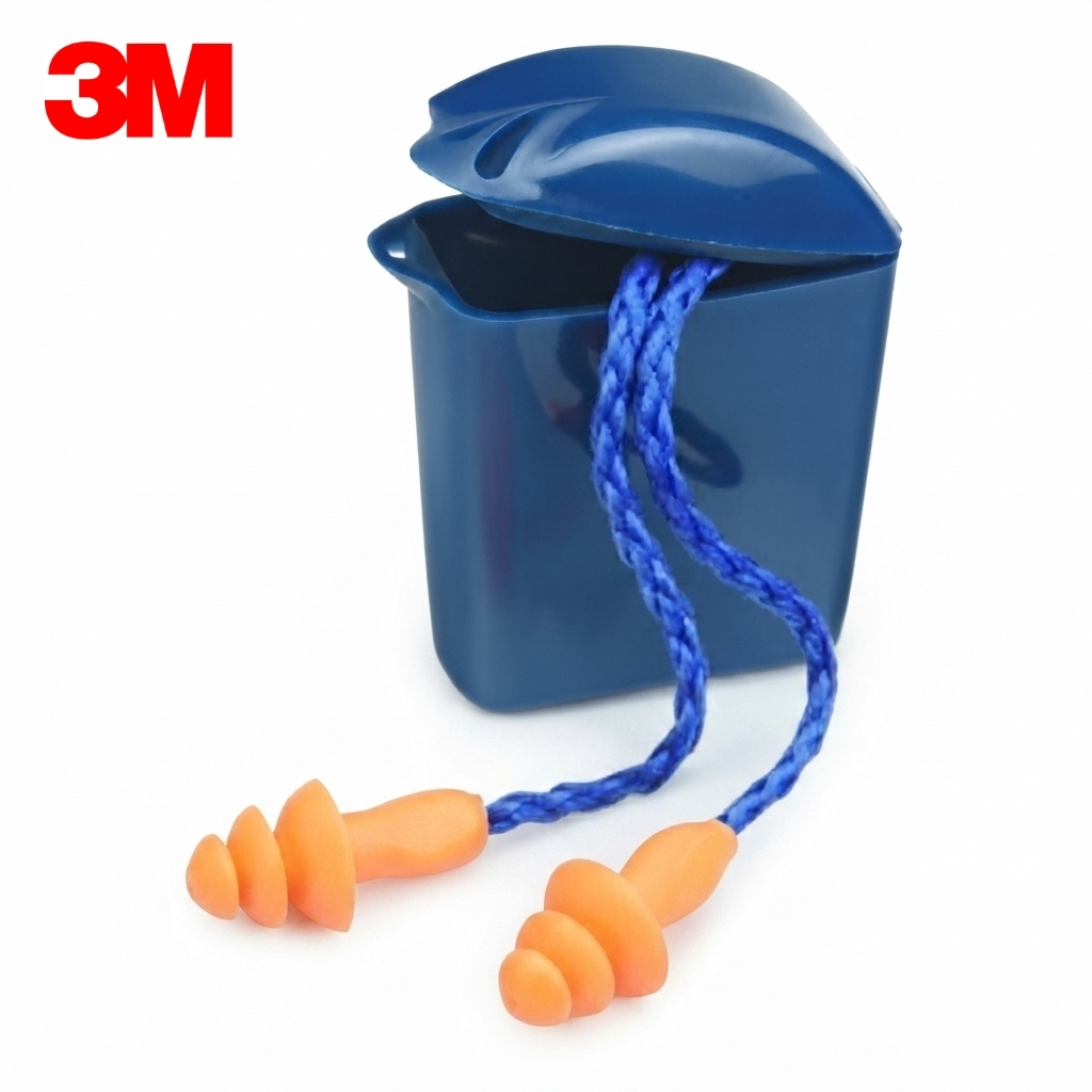 Blue corded earplugs coming out of a blue dispenser; 3M logo visible in the corner, for hearing protection.