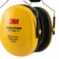 Yellow 3M Peltor Optime I hearing protection earmuffs with black cushions, close-up safety gear