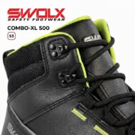 Close-up of a black safety boot with lime-green lining, showing SWOLX Combo-XL 500 S3 branding.