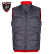 Gray quilted vest with front zipper, two zip chest pockets, curved lower panels, and red lining visible at the collar.