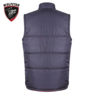 Back view of a dark purple puffer vest with horizontal quilting; Woolstar logo in the top left corner.