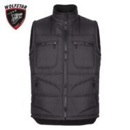 Gray padded sleeveless vest with front zipper, two zip chest pockets, and curved seam panels; Wolfstar logo in the top-left corner.