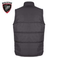 Back view of a dark gray padded vest with horizontal quilting; Wolfstar logo in the top-left corner.