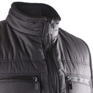 Close-up of a black quilted puffer jacket with a high collar and two zippered pockets showing silver zippersék.
