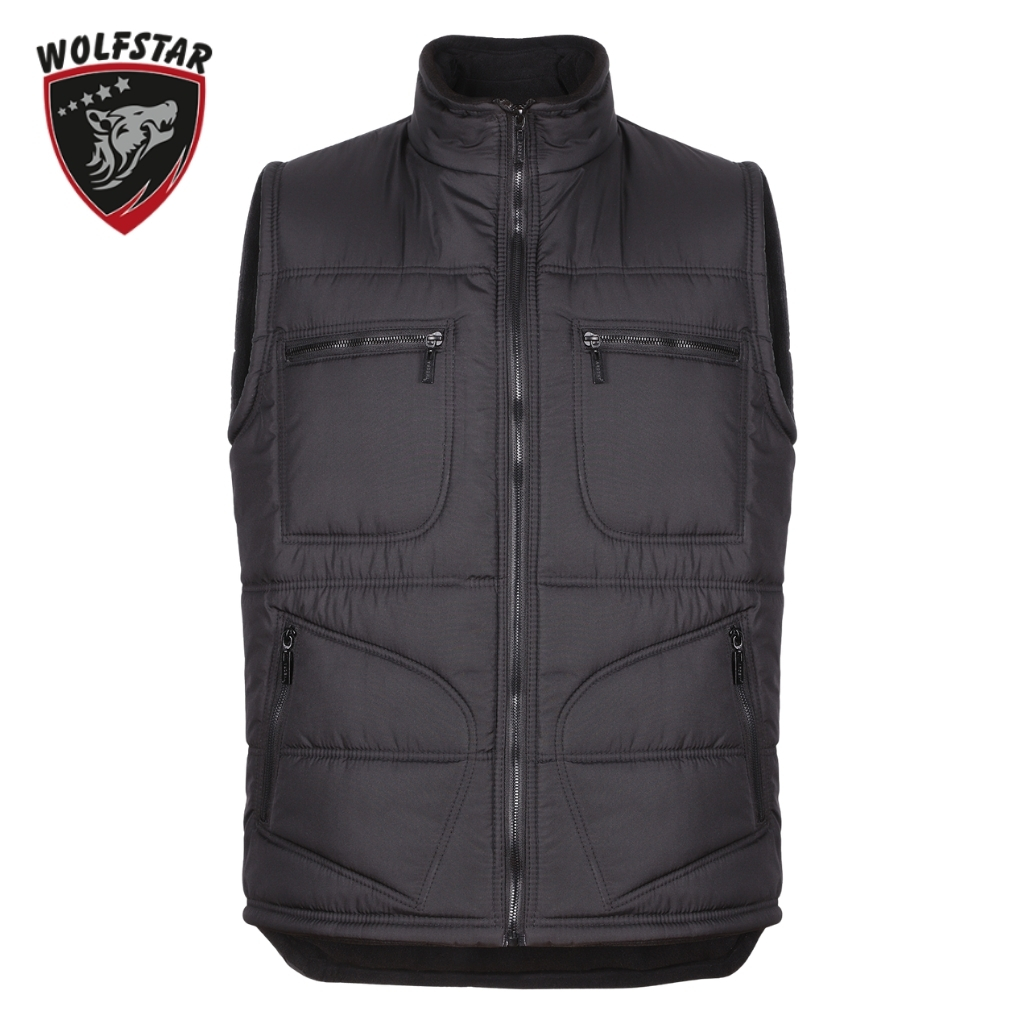 Gray padded sleeveless vest with front zipper, two zip chest pockets, and curved seam panels; Wolfstar logo in the top-left corner.